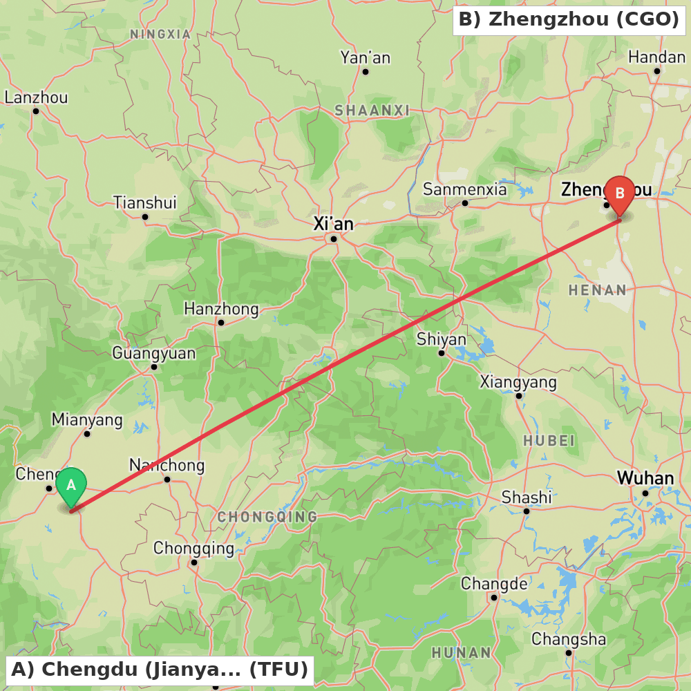 Flight route map from Chengdu (Jianyang) to Zhengzhou