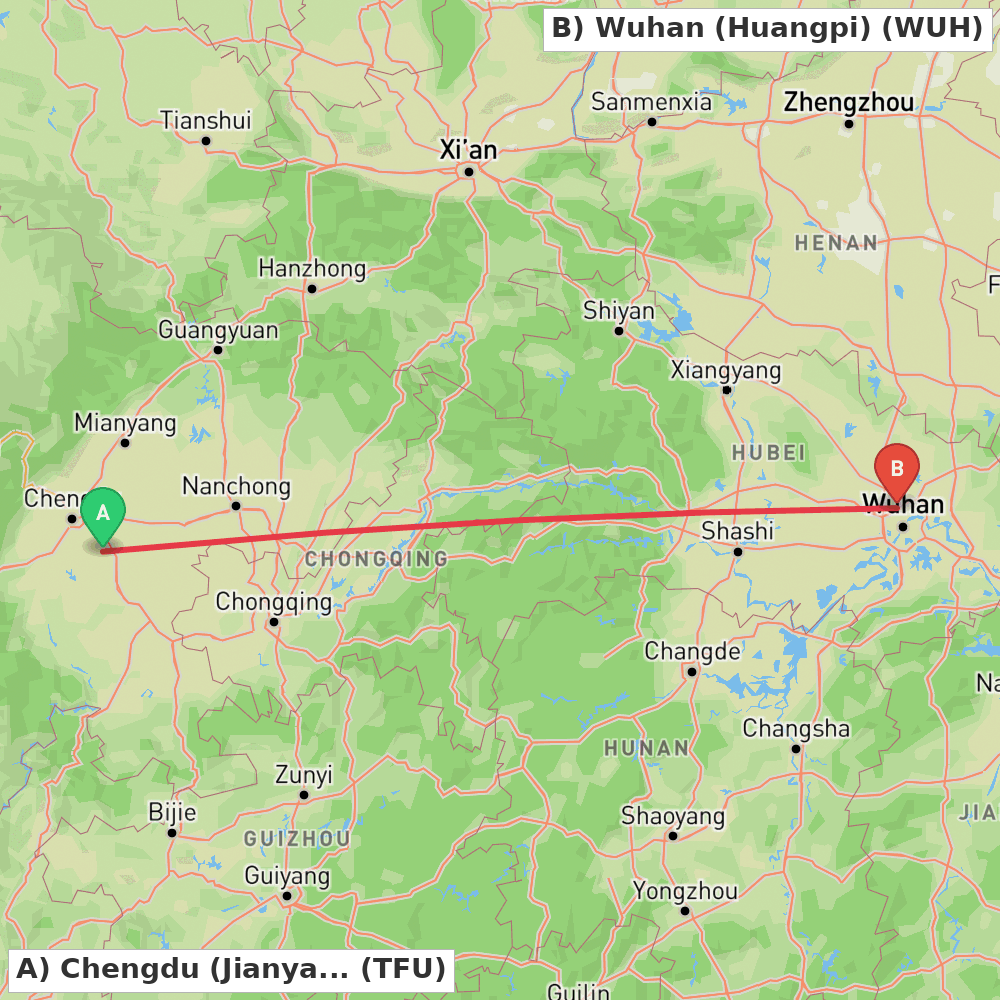Flight route map from Chengdu (Jianyang) to Wuhan (Huangpi)