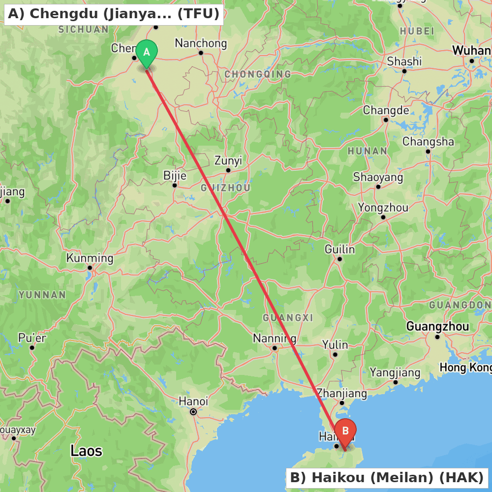 Flight route map from Chengdu (Jianyang) to Haikou (Meilan)