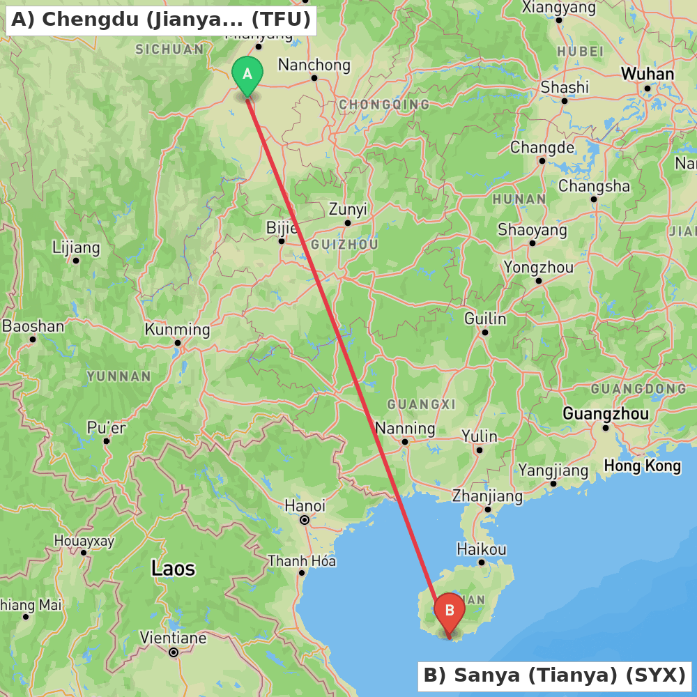 Flight route map from Chengdu (Jianyang) to Sanya (Tianya)