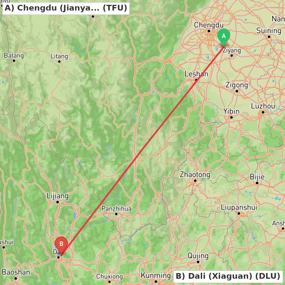 Flight route map from Chengdu (Jianyang) to Dali (Xiaguan)