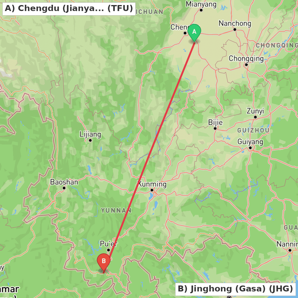 Flight route map from Chengdu (Jianyang) to Jinghong (Gasa)