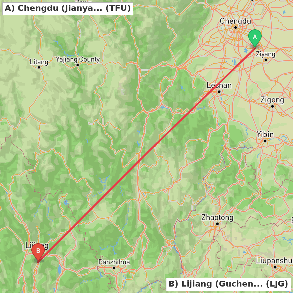 Flight route map from Chengdu (Jianyang) to Lijiang (Gucheng)