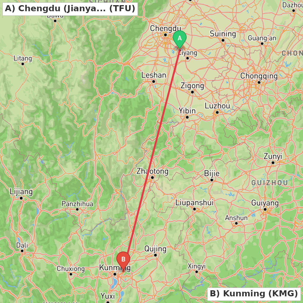 Flight route map from Chengdu (Jianyang) to Kunming