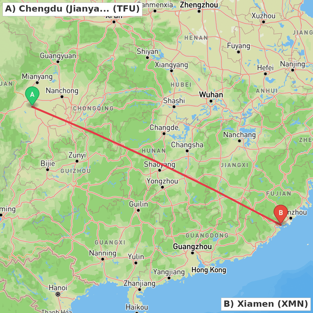 Flight route map from Chengdu (Jianyang) to Xiamen