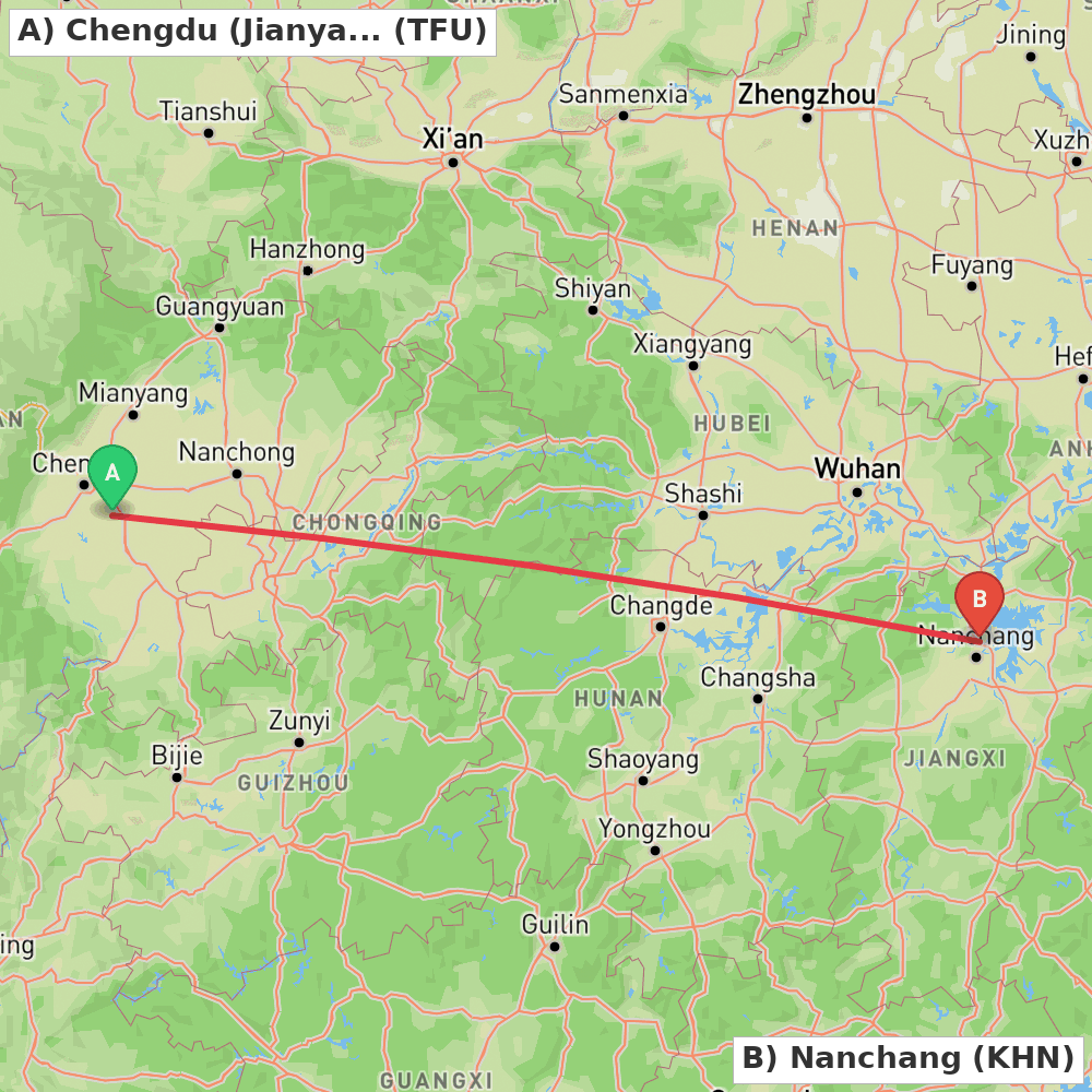 Flight route map from Chengdu (Jianyang) to Nanchang