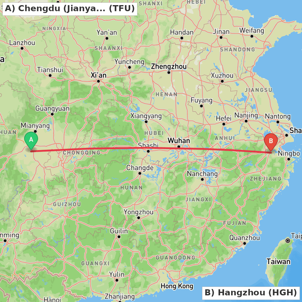 Flight route map from Chengdu (Jianyang) to Hangzhou