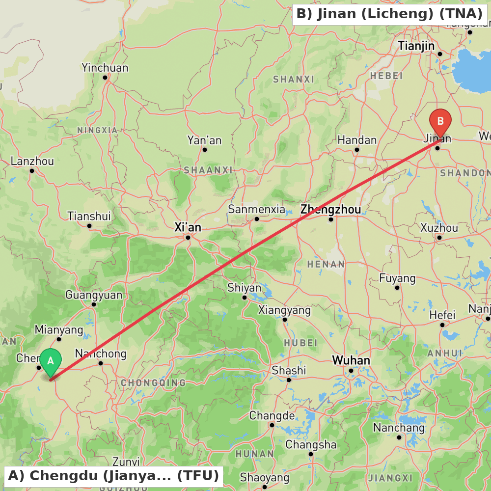 Flight route map from Chengdu (Jianyang) to Jinan (Licheng)
