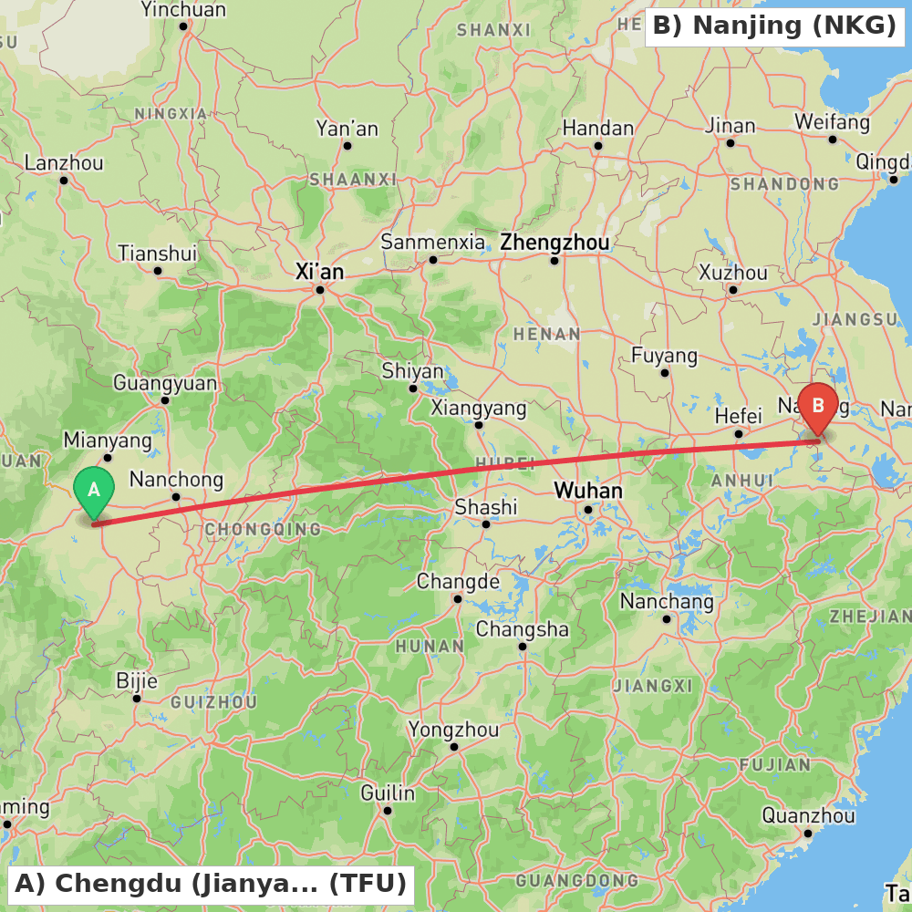 Flight route map from Chengdu (Jianyang) to Nanjing