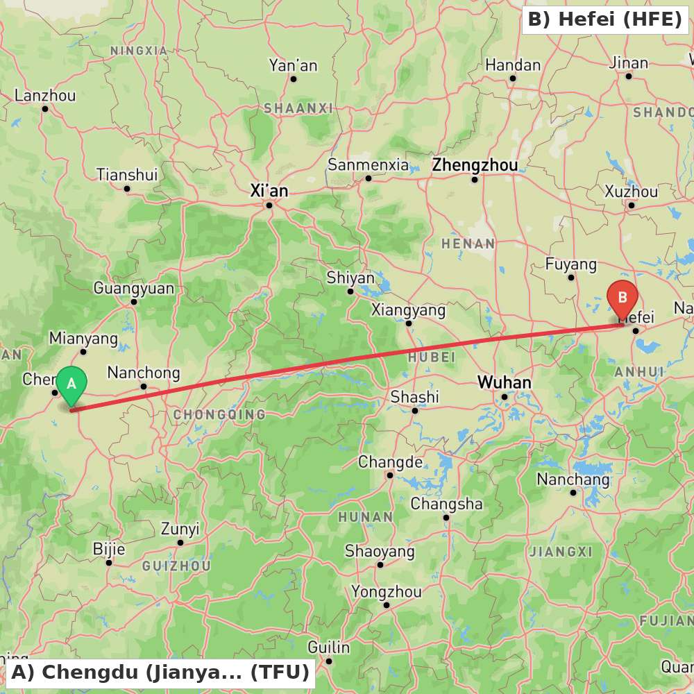 Flight route map from Chengdu (Jianyang) to Hefei