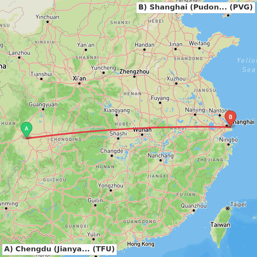 Flight route map from Chengdu (Jianyang) to Shanghai (Pudong)