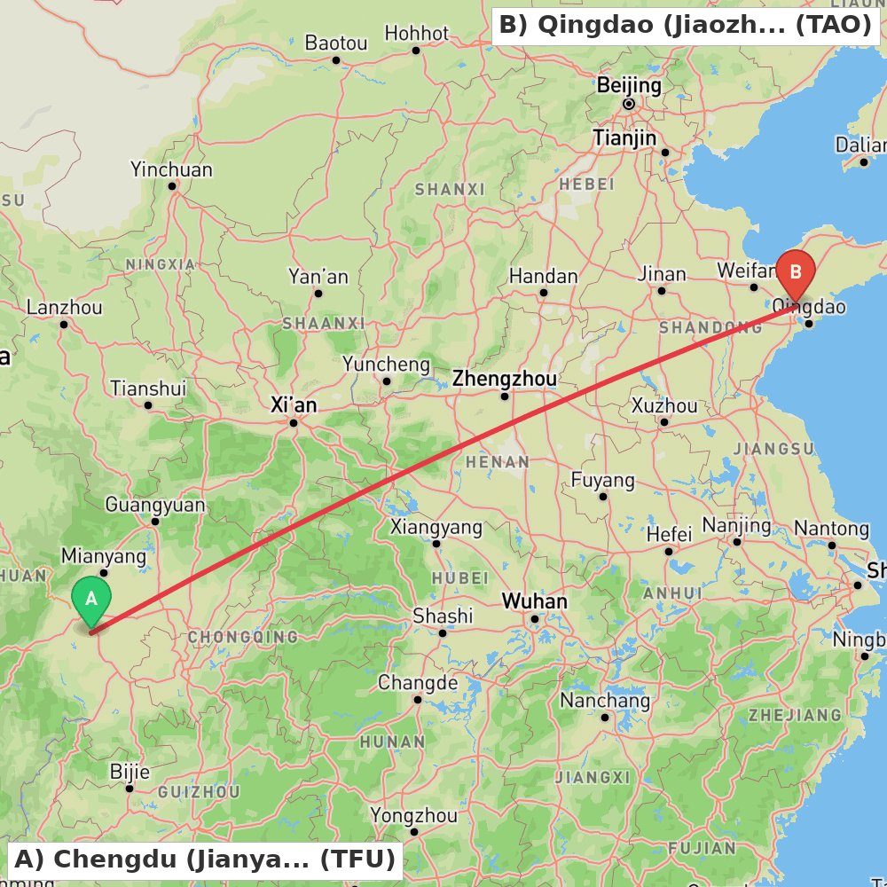 Flight route map from Chengdu (Jianyang) to Qingdao (Jiaozhou)