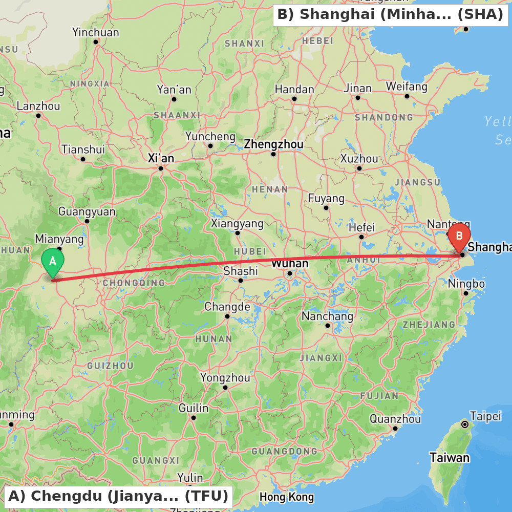 Flight route map from Chengdu (Jianyang) to Shanghai (Minhang)