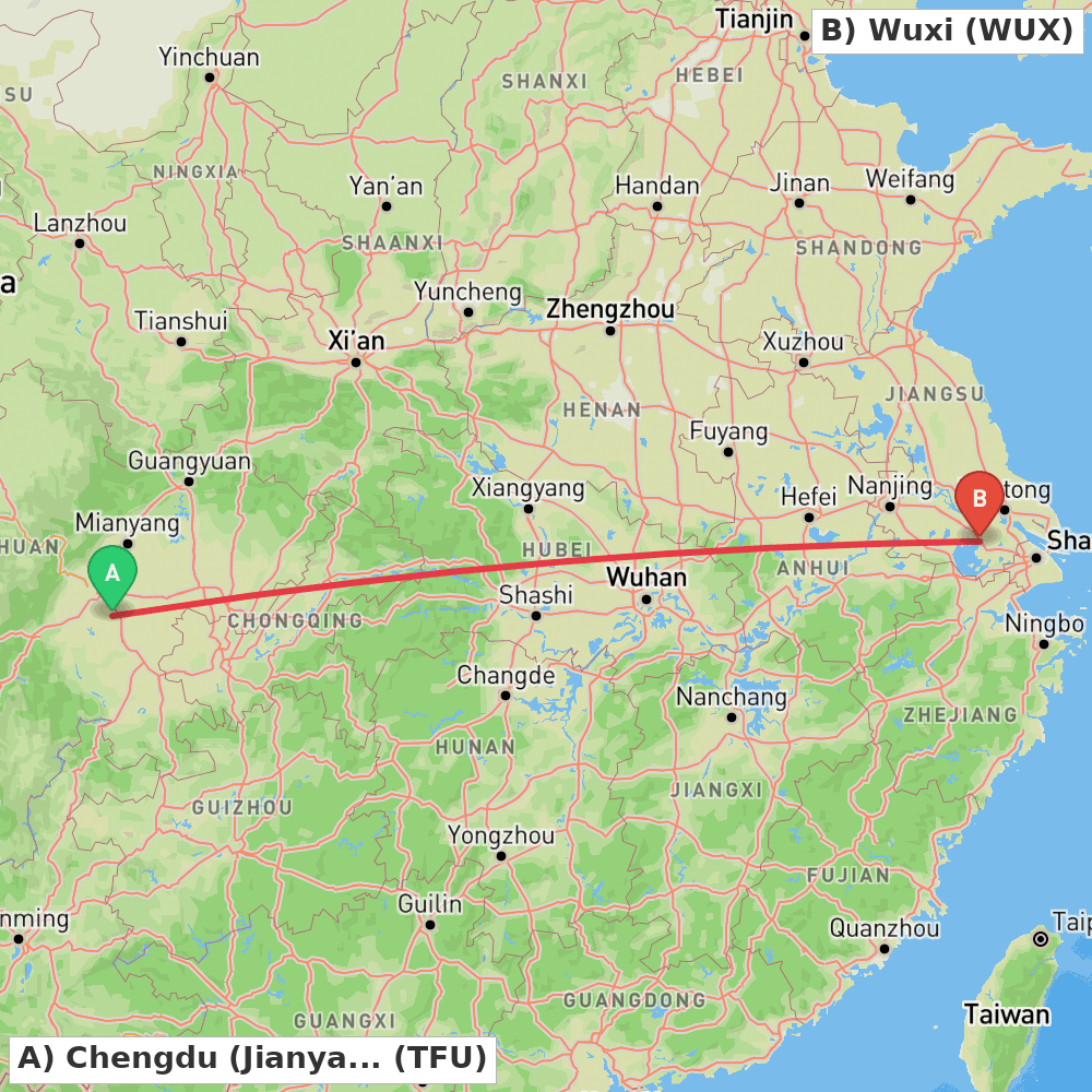 Flight route map from Chengdu (Jianyang) to Wuxi