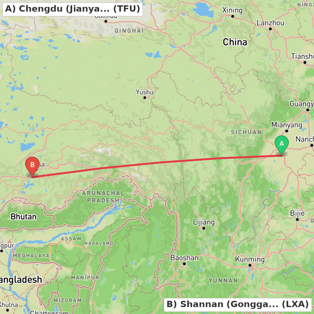 Flight route map from Chengdu (Jianyang) to Shannan (Gonggar)