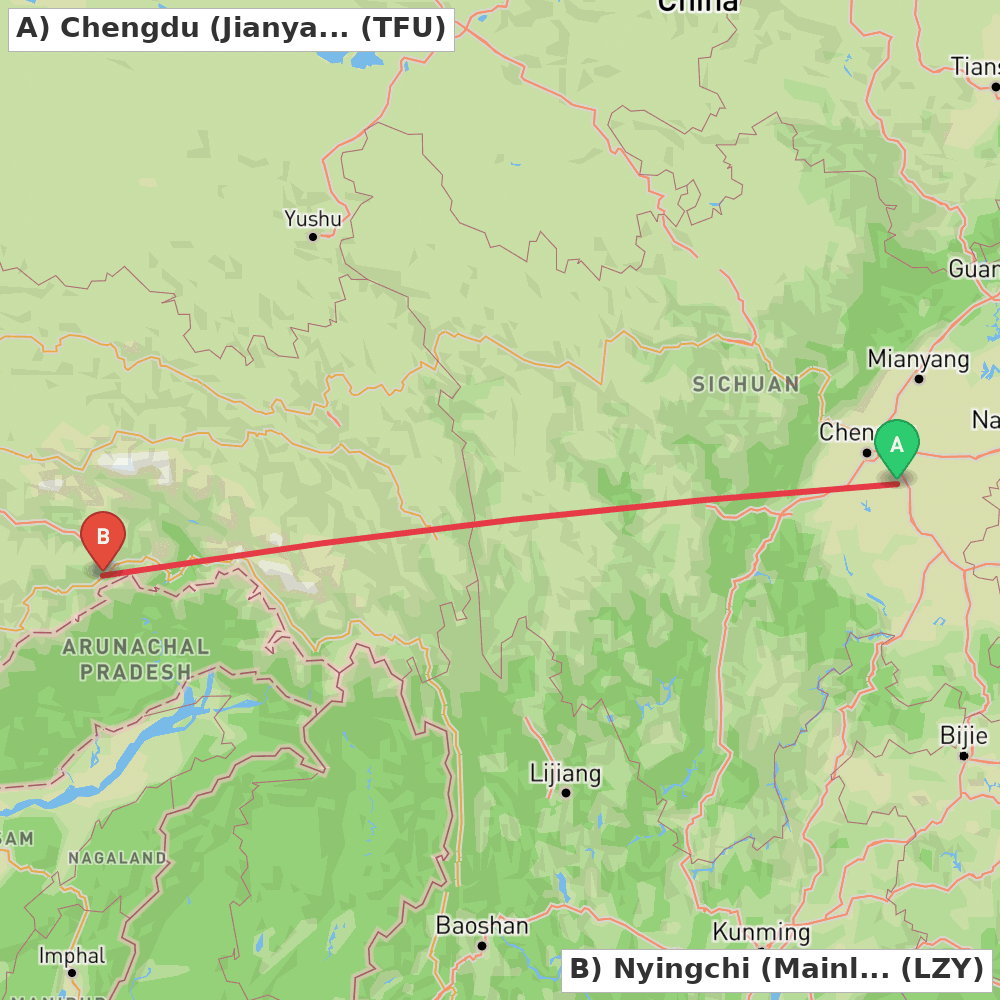 Flight route map from Chengdu (Jianyang) to Nyingchi (Mainling)