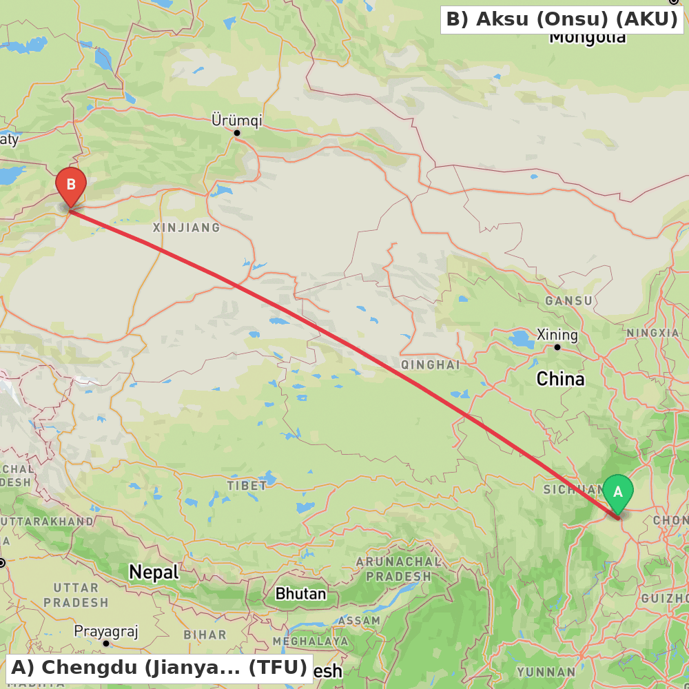 Flight route map from Chengdu (Jianyang) to Aksu (Onsu)