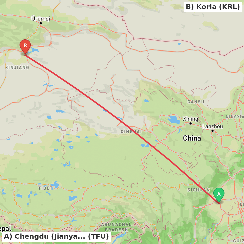 Flight route map from Chengdu (Jianyang) to Korla
