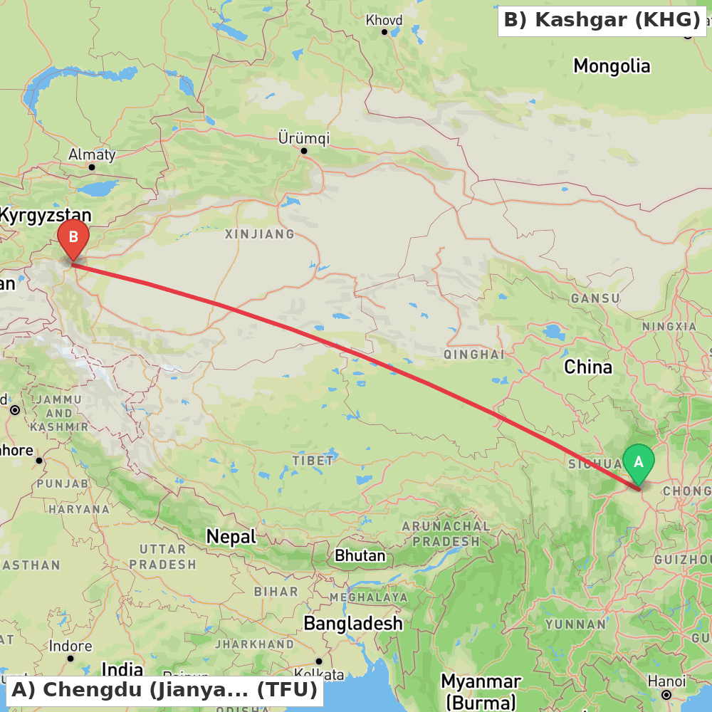 Flight route map from Chengdu (Jianyang) to Kashgar