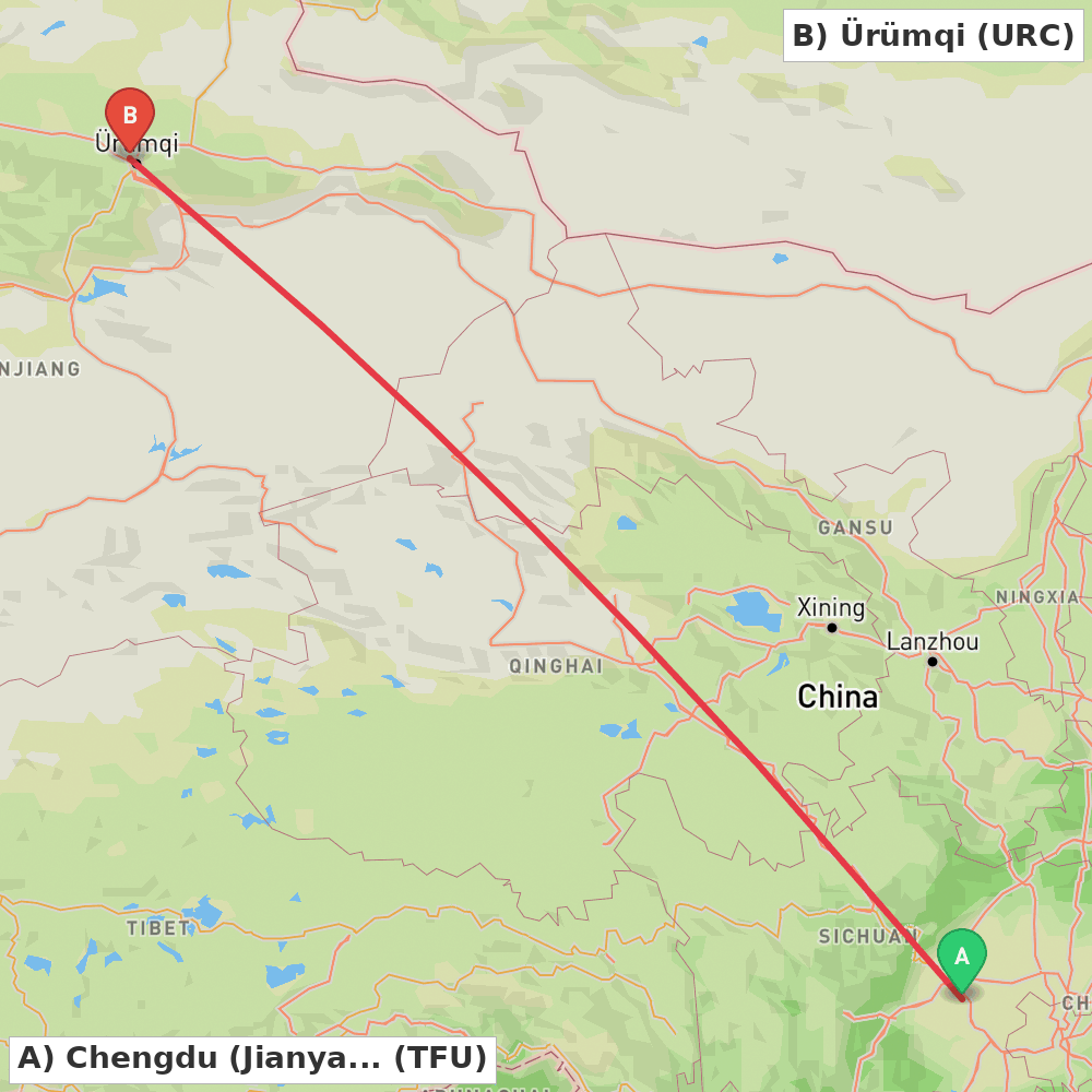 Flight route map from Chengdu (Jianyang) to Ürümqi