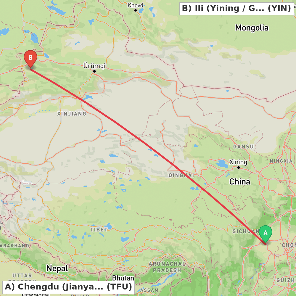 Flight route map from Chengdu (Jianyang) to Ili (Yining / Ghulja)