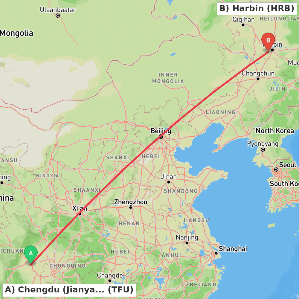 Flight route map from Chengdu (Jianyang) to Harbin