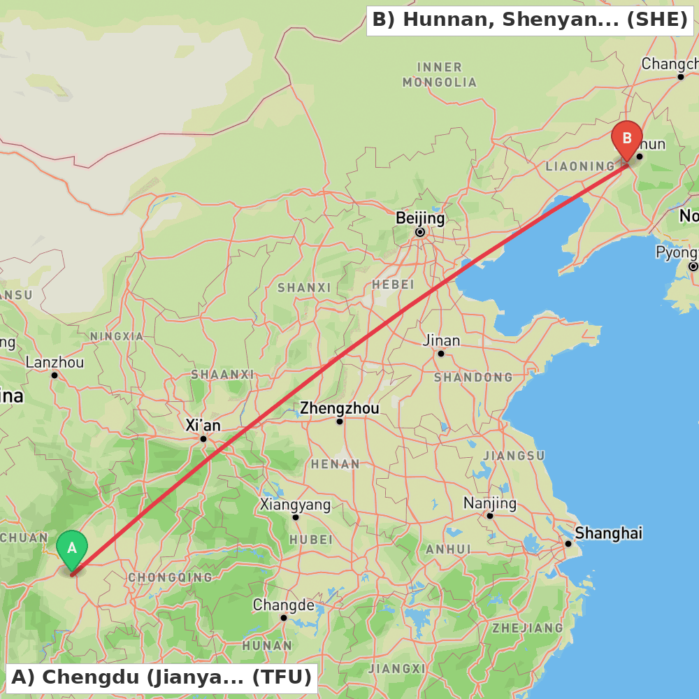 Flight route map from Chengdu (Jianyang) to Hunnan, Shenyang
