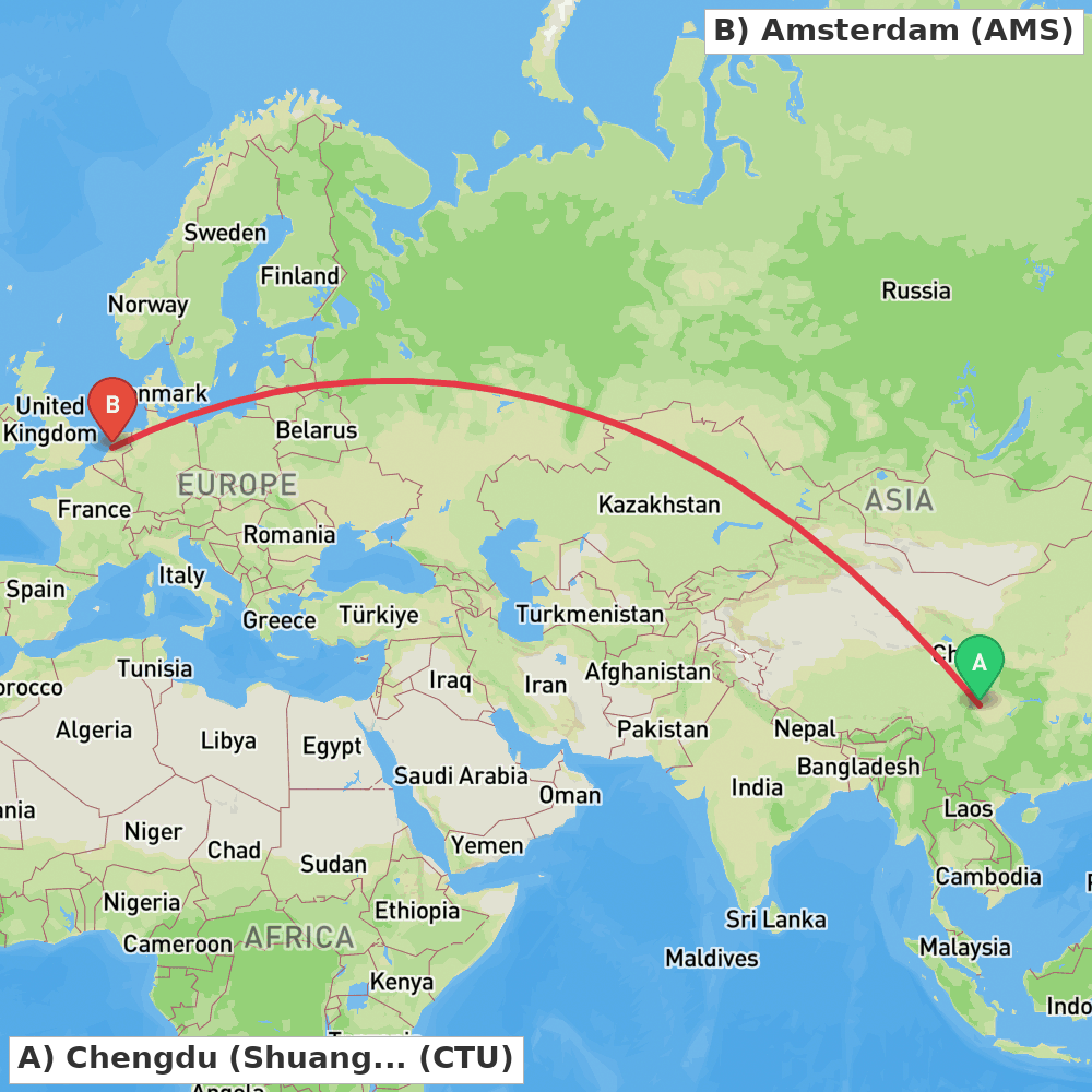 Flight route map from Chengdu (Shuangliu) to Amsterdam