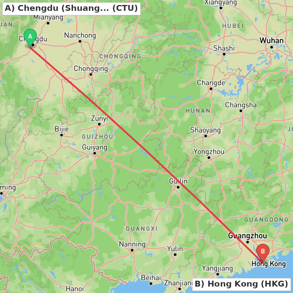 Flight route map from Chengdu (Shuangliu) to Hong Kong