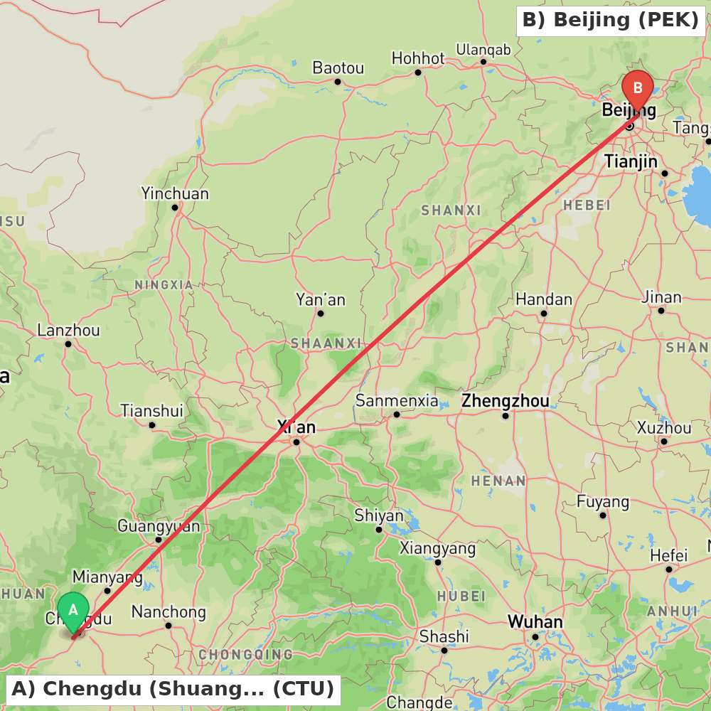 Flight route map from Chengdu (Shuangliu) to Beijing