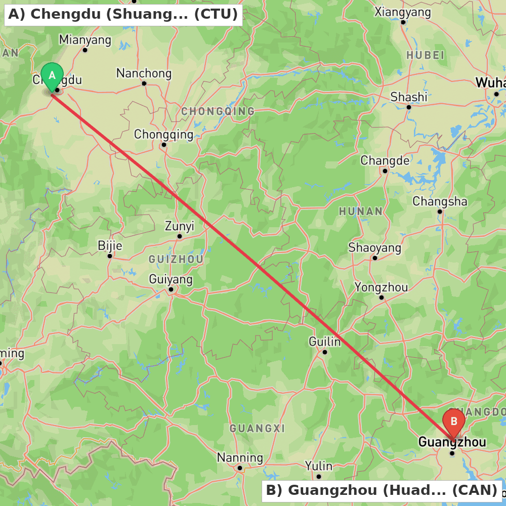 Flight route map from Chengdu (Shuangliu) to Guangzhou (Huadu)