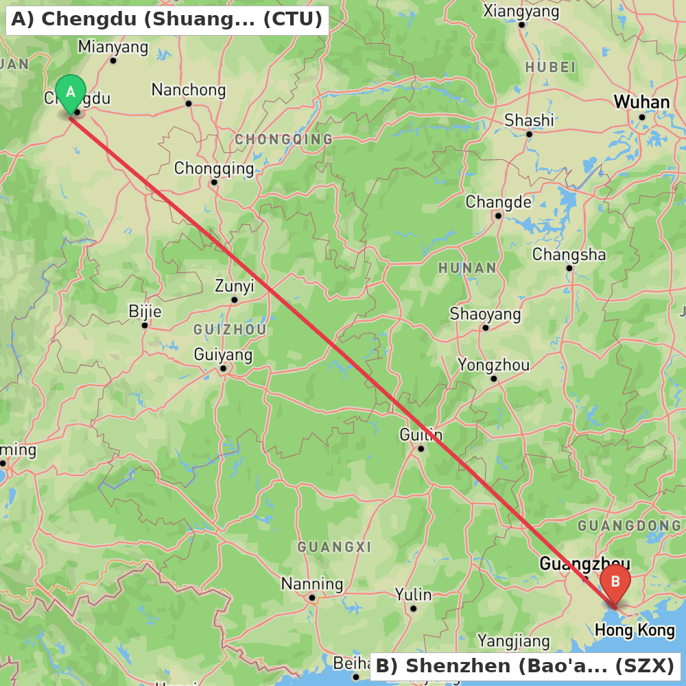 Flight route map from Chengdu (Shuangliu) to Shenzhen (Bao'an)