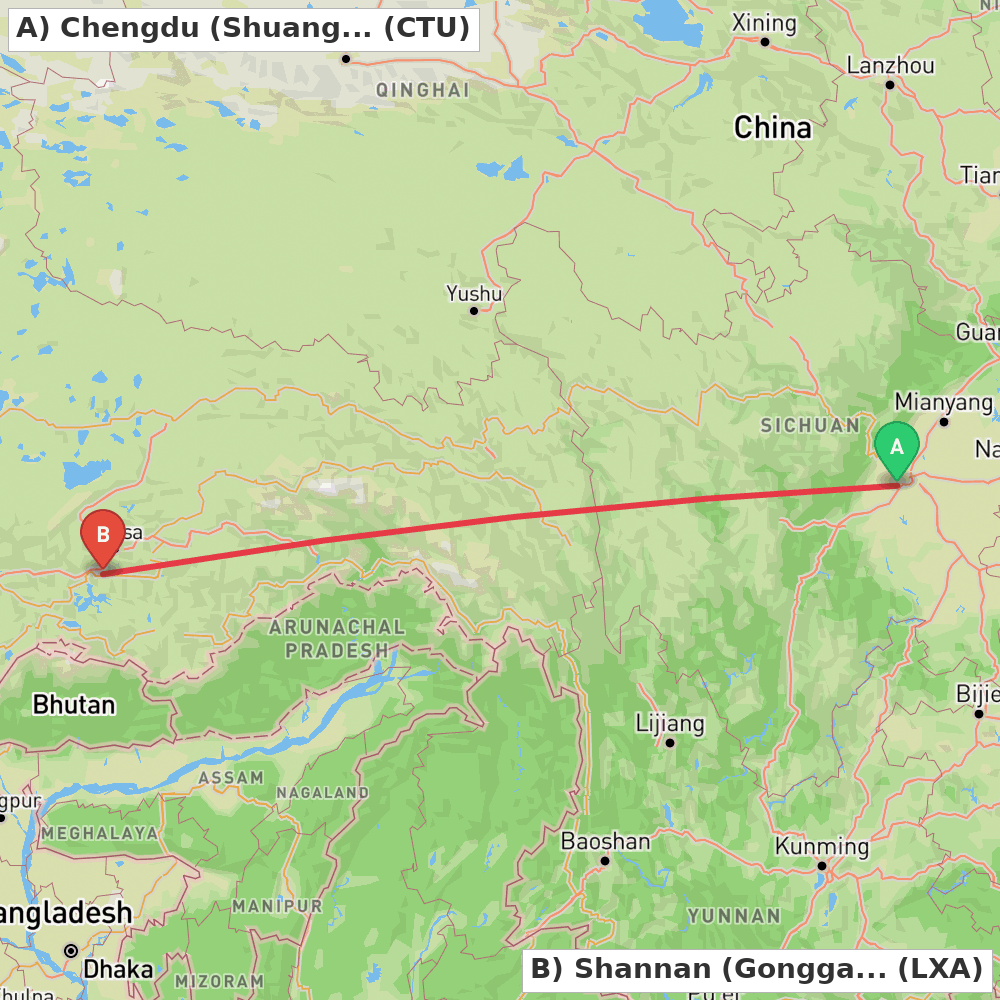 Flight route map from Chengdu (Shuangliu) to Shannan (Gonggar)