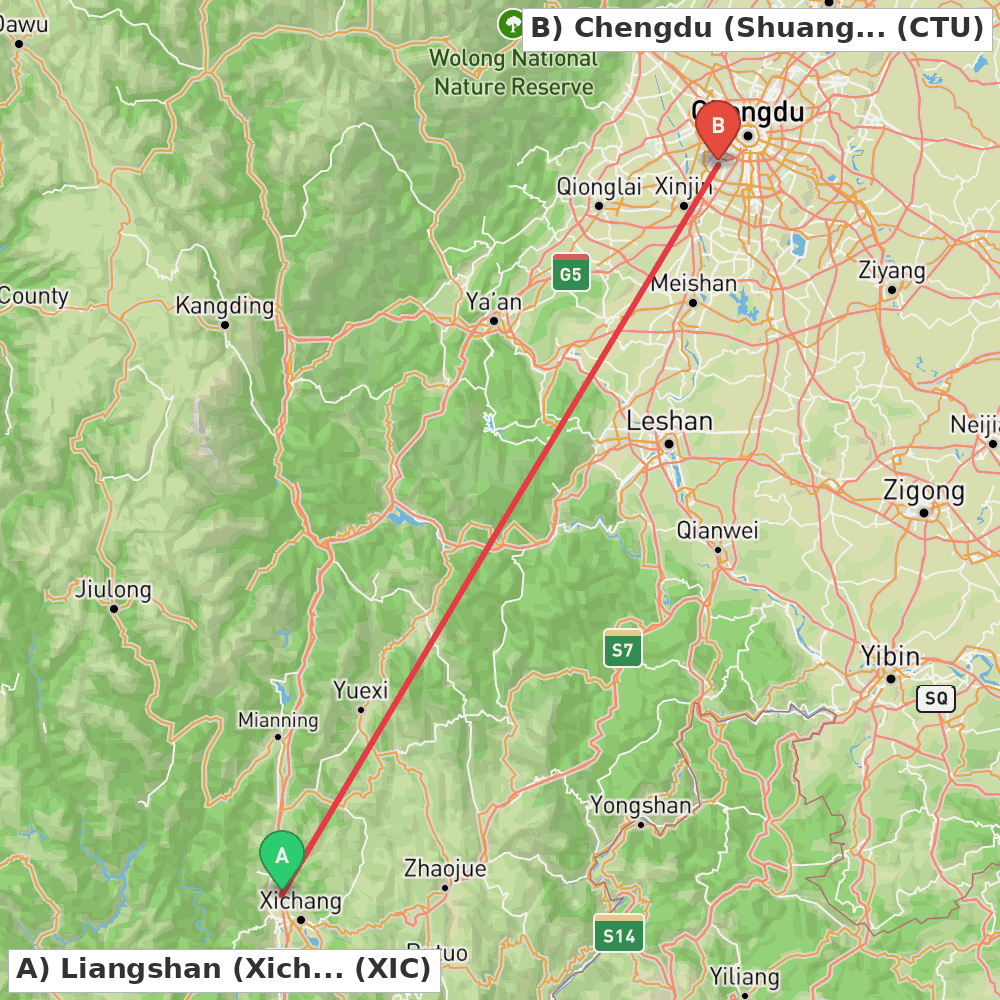 Flight route map from Liangshan (Xichang) to Chengdu (Shuangliu)