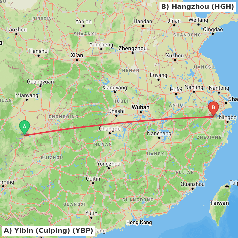 Flight route map from Yibin (Cuiping) to Hangzhou