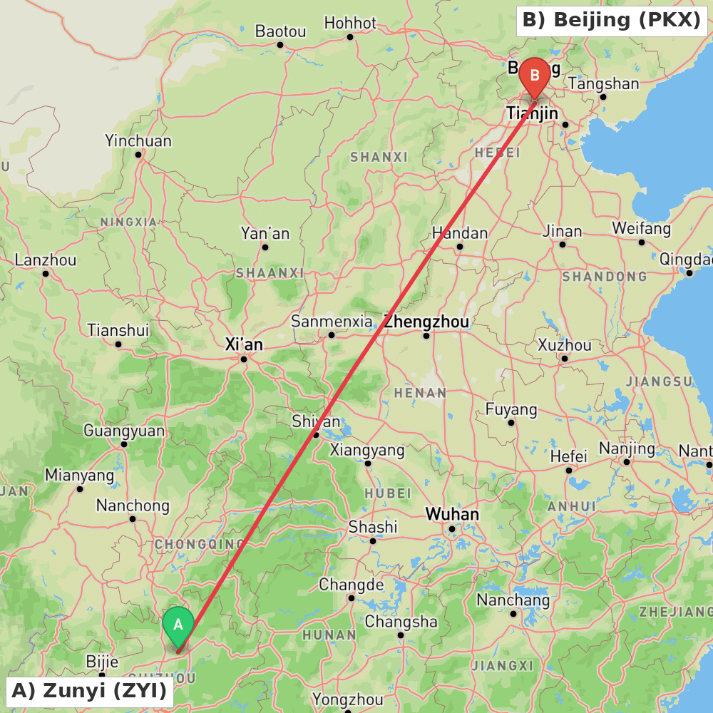 Flight route map from Zunyi to Beijing