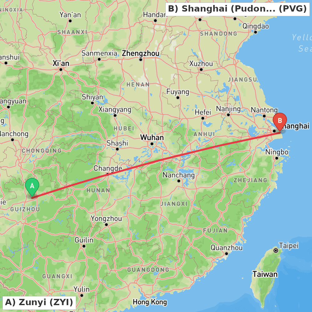 Flight route map from Zunyi to Shanghai (Pudong)