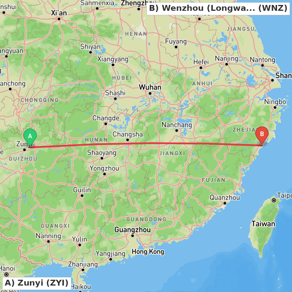 Flight route map from Zunyi to Wenzhou (Longwan)