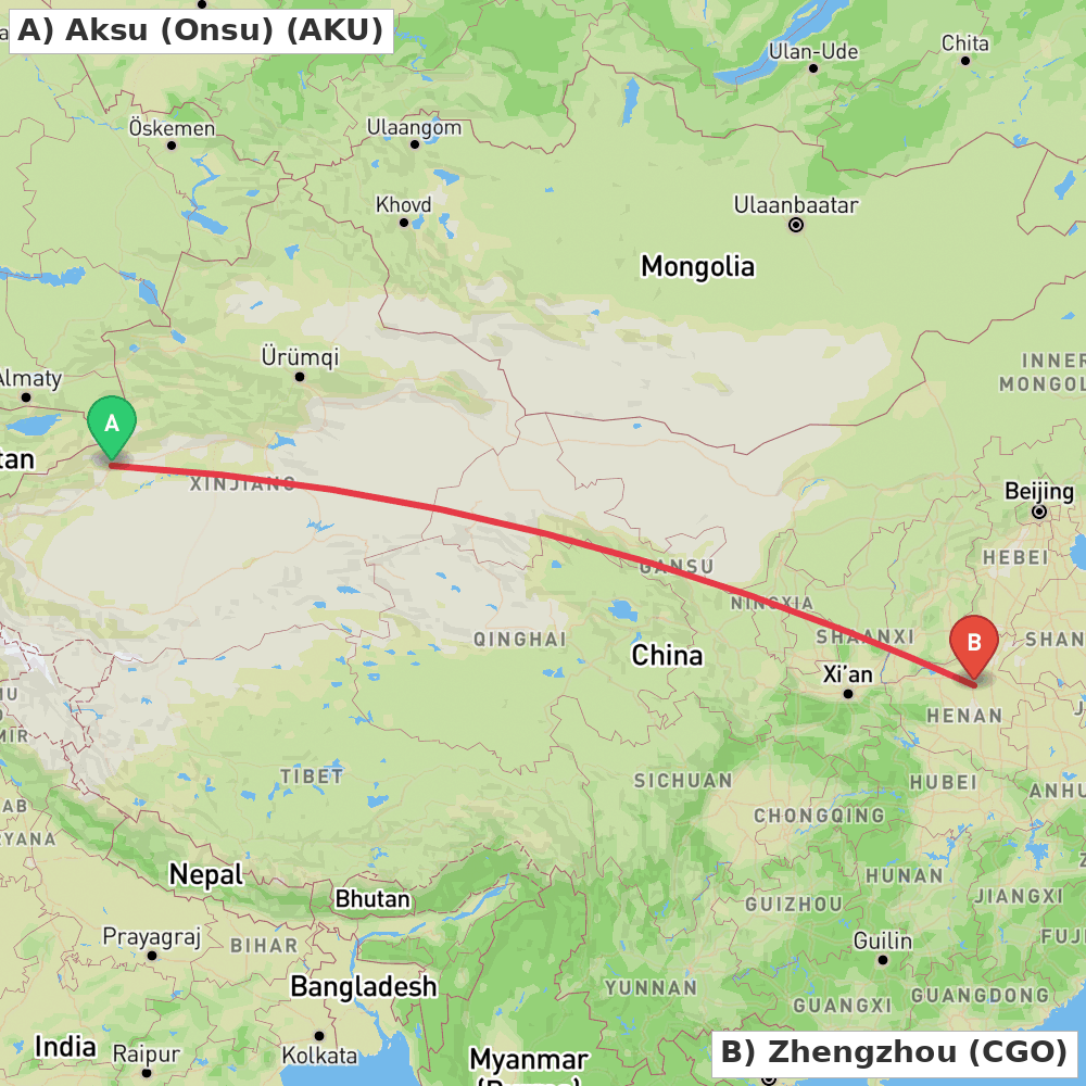 Flight route map from Aksu (Onsu) to Zhengzhou