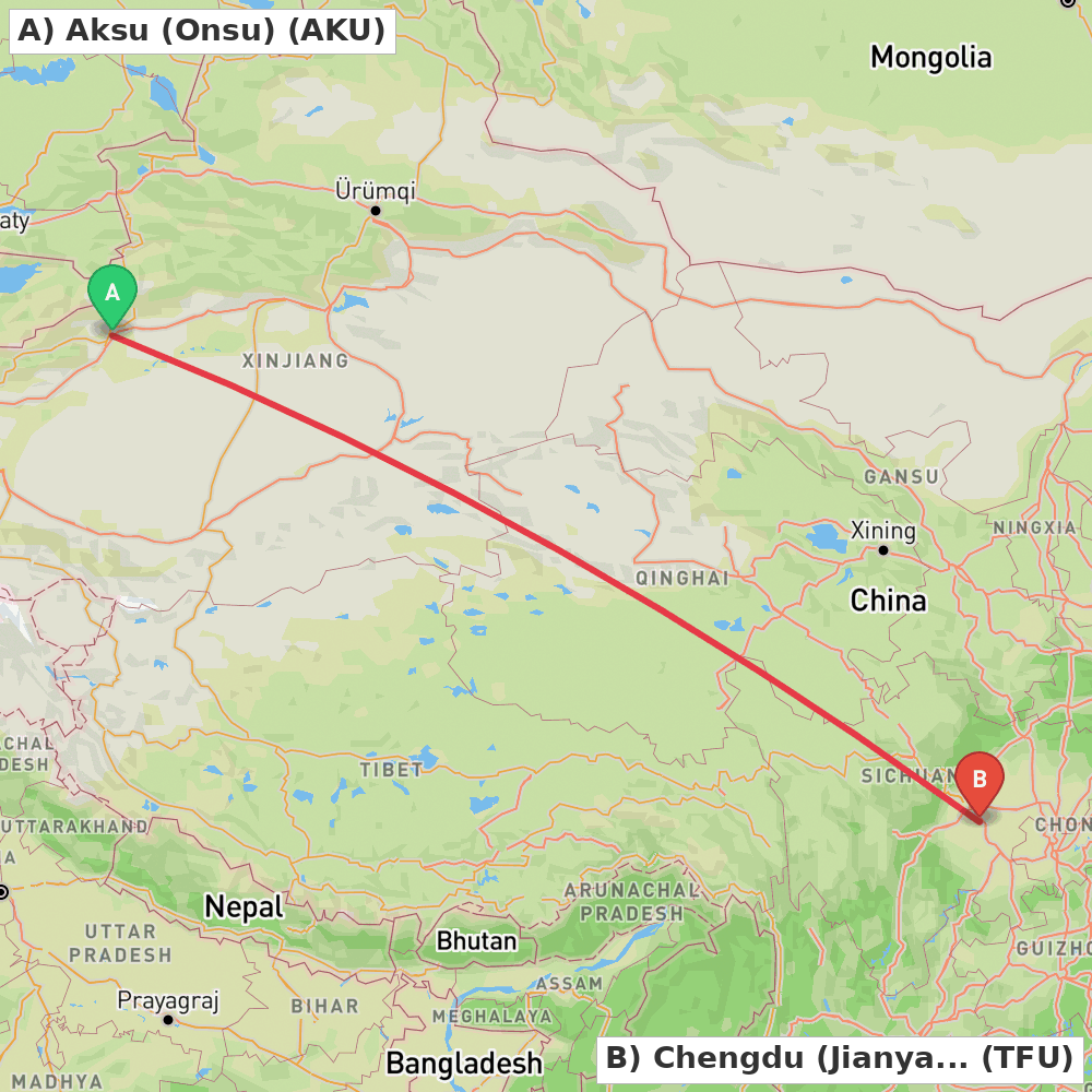 Flight route map from Aksu (Onsu) to Chengdu (Jianyang)