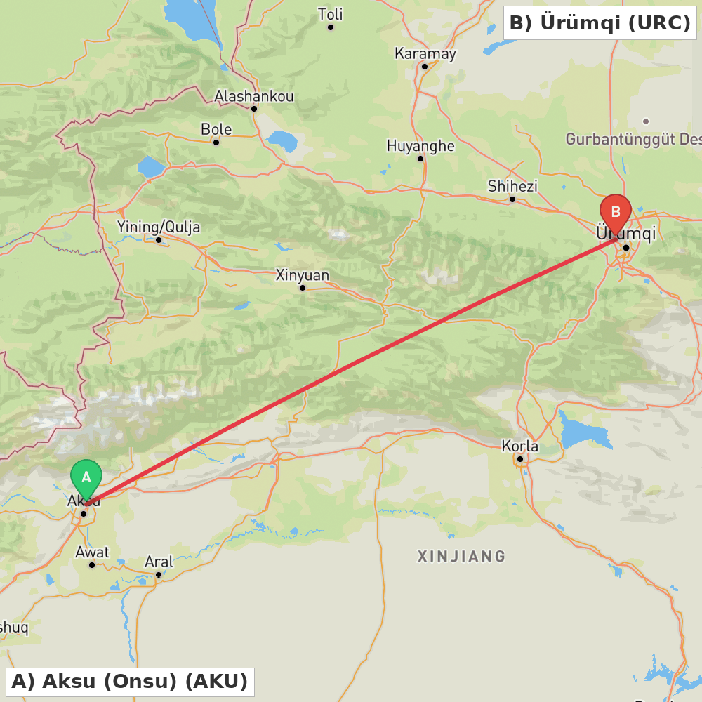 Flight route map from Aksu (Onsu) to Ürümqi