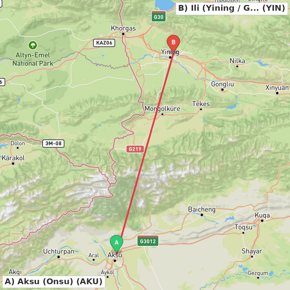 Flight route map from Aksu (Onsu) to Ili (Yining / Ghulja)