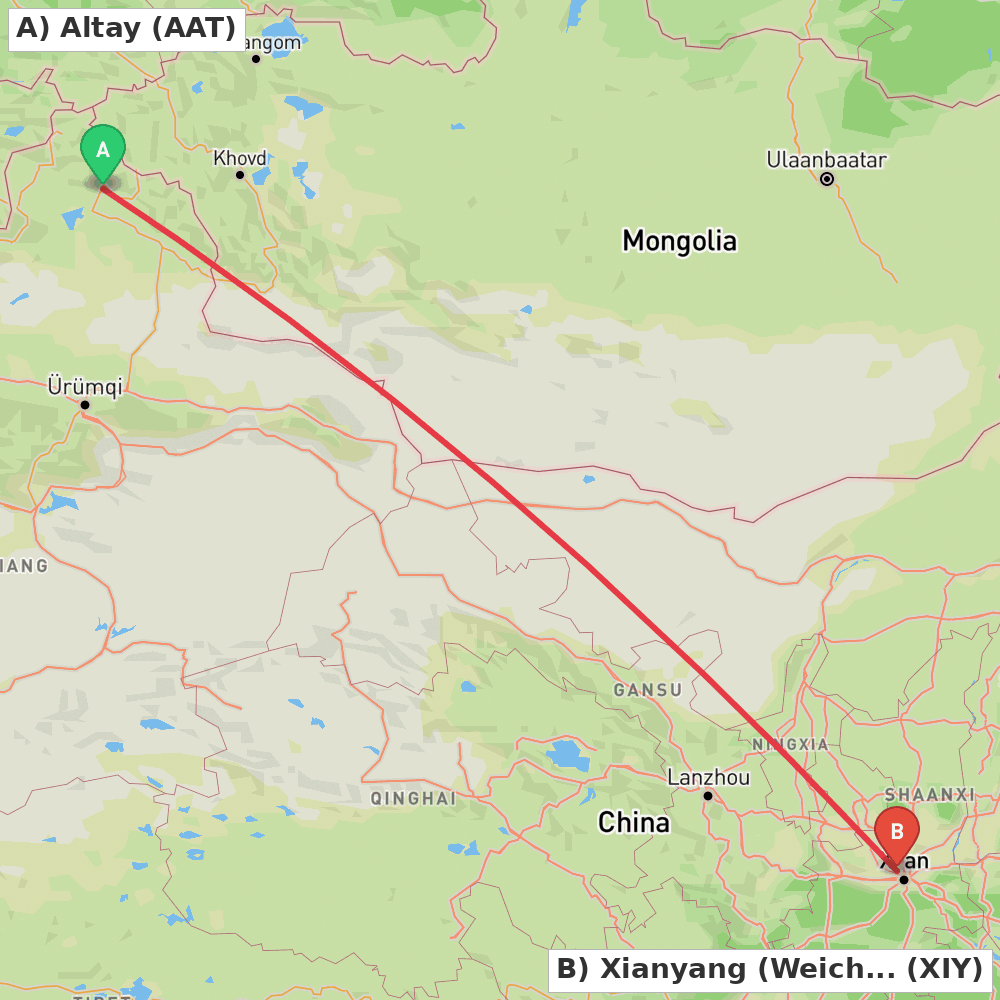 Flight route map from Altay to Xianyang (Weicheng)