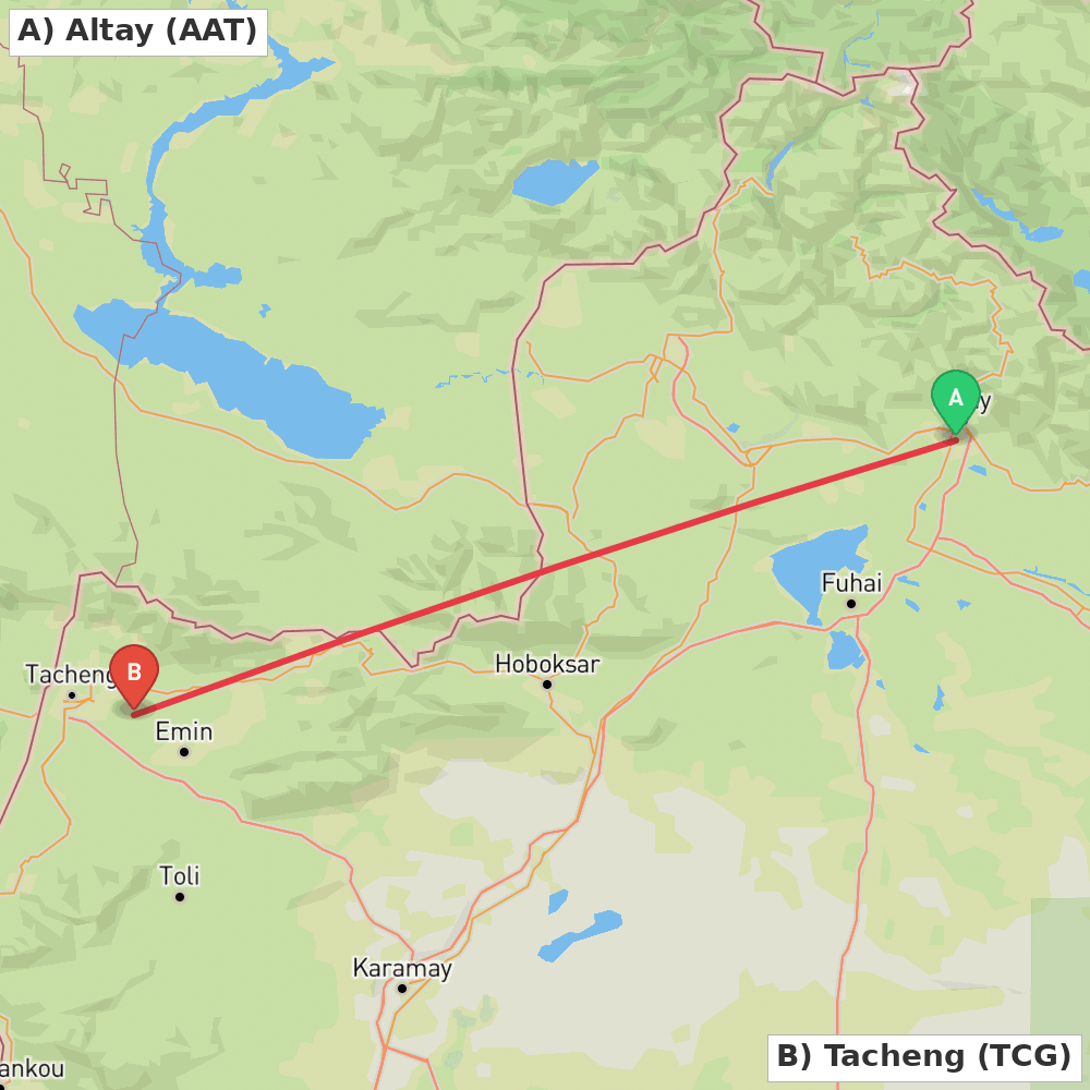 Flight route map from Altay to Tacheng