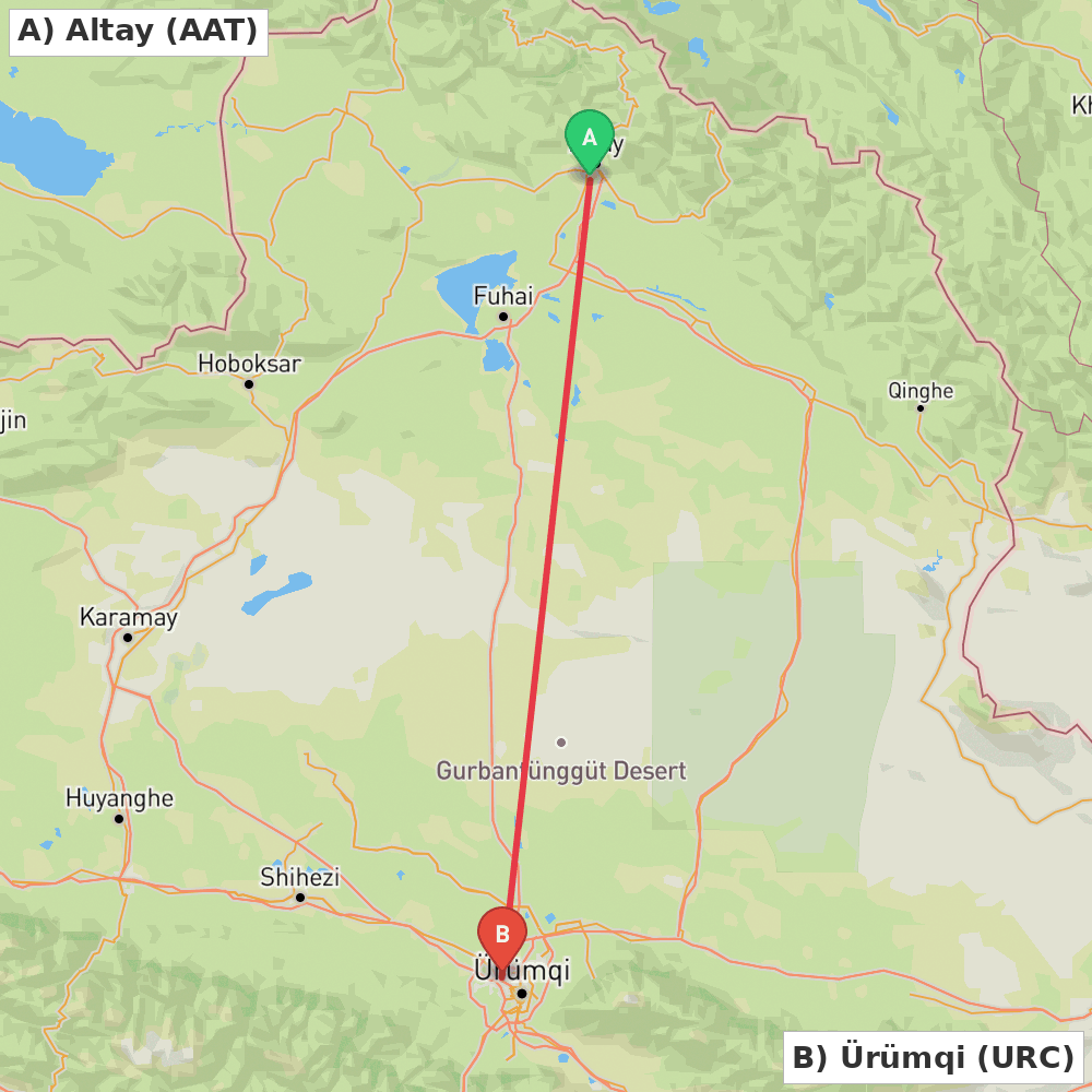 Flight route map from Altay to Ürümqi