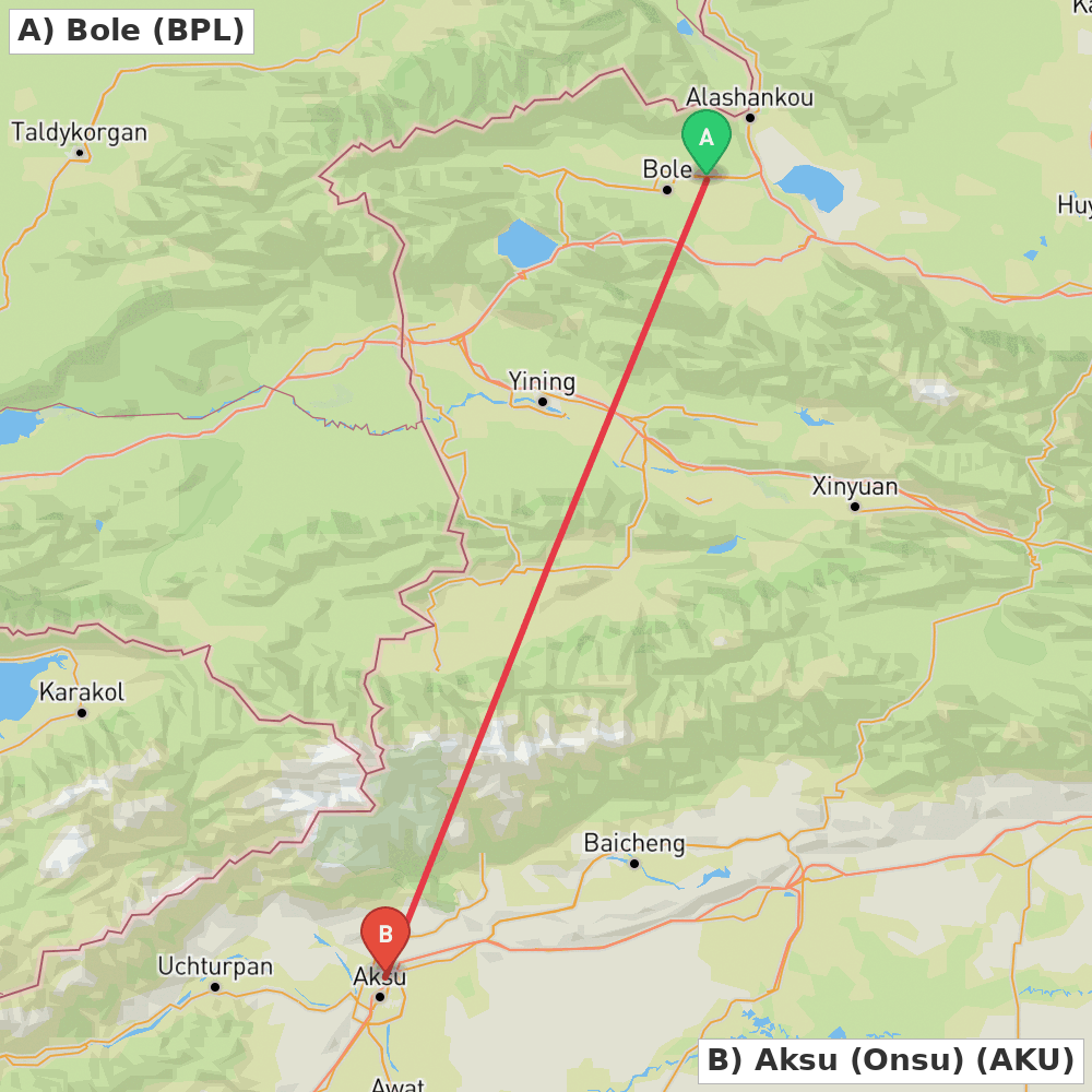 Flight route map from Bole to Aksu (Onsu)
