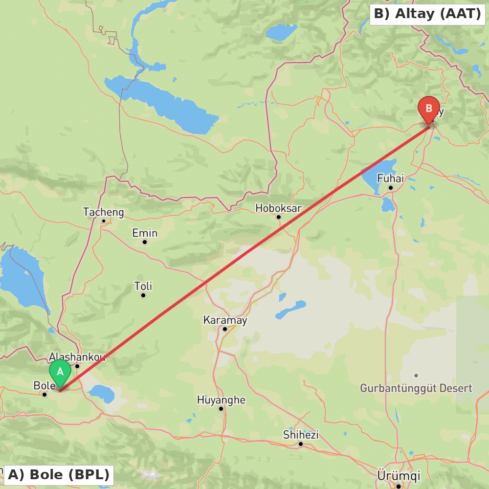 Flight route map from Bole to Altay
