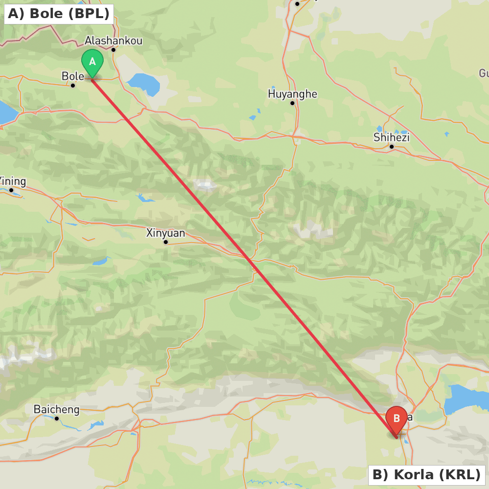 Flight route map from Bole to Korla