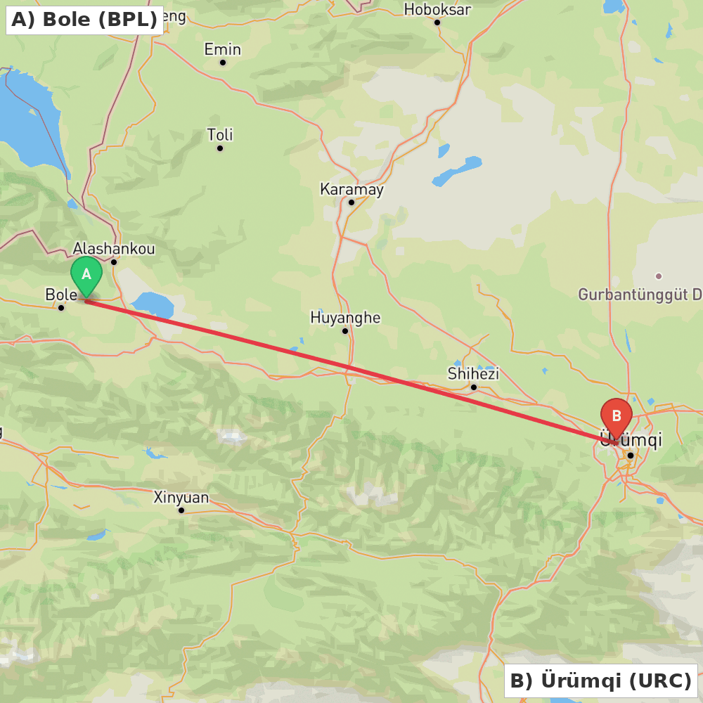 Flight route map from Bole to Ürümqi