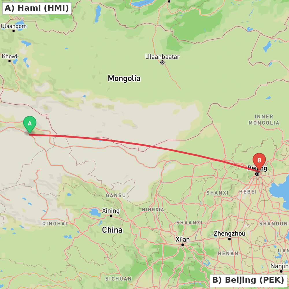 Flight route map from Hami to Beijing